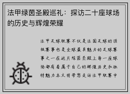 法甲绿茵圣殿巡礼：探访二十座球场的历史与辉煌荣耀