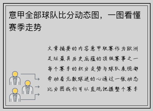 意甲全部球队比分动态图，一图看懂赛季走势